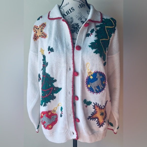 P Galli Designs Vintage Christmas Cardigan Holiday Sweater Button Embroidered M - Picture 1 of 8